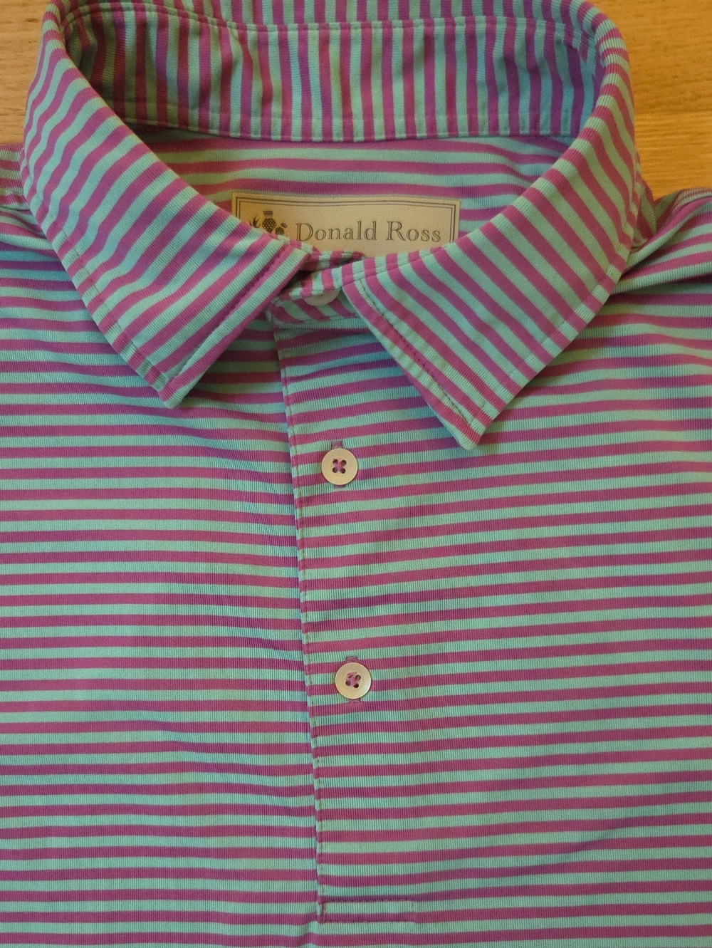 Donald Ross Sara Bay Country Club Striped Golf Polo Shirt Pink Teal SBCC 1926 M